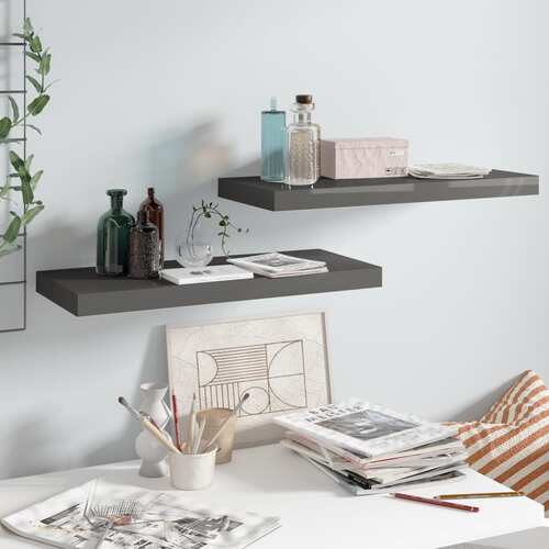 Floating Wall Shelves 2 pcs High Gloss Grey 60x23.5x3.8 cm MDF