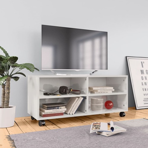 TV Cabinet with Castors High Gloss White 90x35x35 cm Chipboard