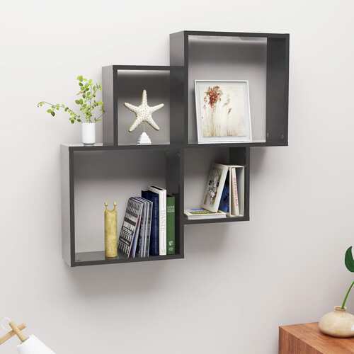 Wall Cube Shelf High Gloss Grey 80x15x78.5 cm Chipboard