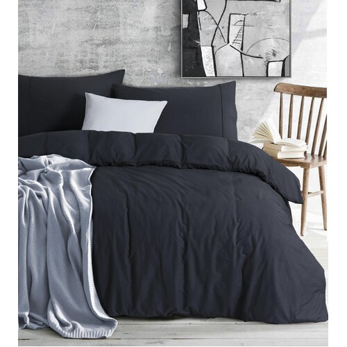 Elan Linen 100% Egyptian Cotton Vintage Washed 500TC Charcoal Double Quilt Cover Set