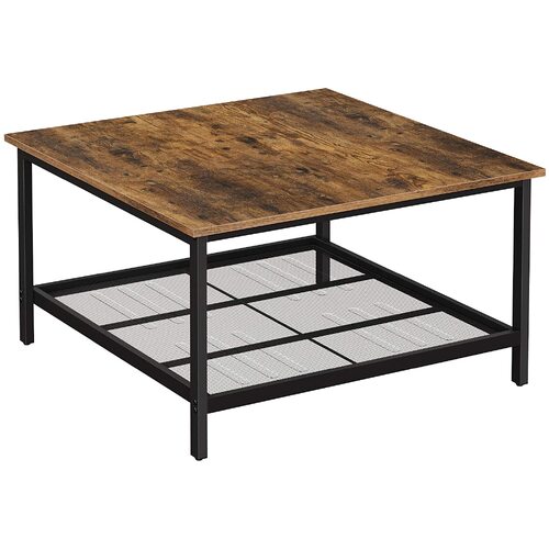 Robust Coffee Table Steel Frame and Mesh Storage Shelf,  Rustic Brown and Black