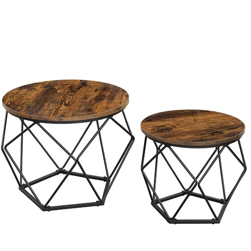 Set of 2 Side Tables Robust Steel Frame Rustic Brown and Black