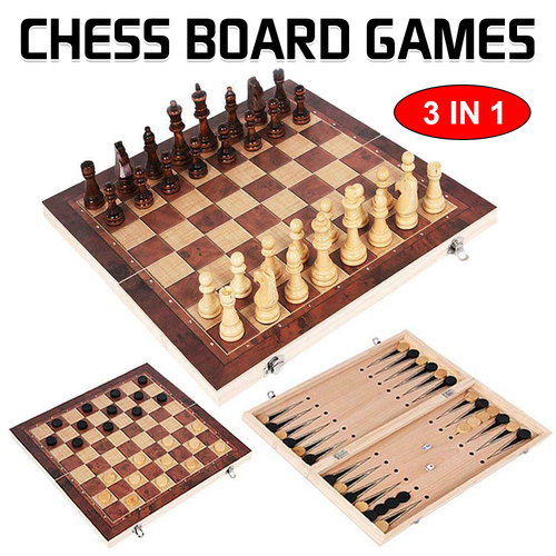 3 IN 1 Wooden Chess Set Folding Chessboard Wood Pieces Draughts Backgammon Toy