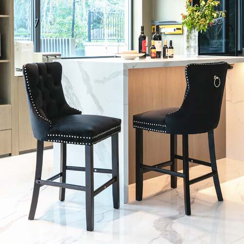 2X Velvet Bar Stools with Studs Trim Wooden Legs Tufted Dining Chairs Kitchen