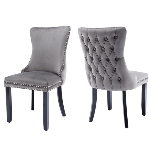 2x Velvet Upholstered Dining Chairs Tufted Wingback Side Chair with Studs Trim Solid Wood Legs for Kitchen