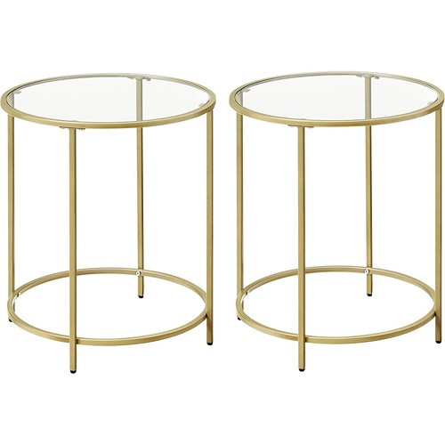 VASAGLE Round Side Tables Set of 2 Tempered Glass with Steel Frame Gold LGT037A61