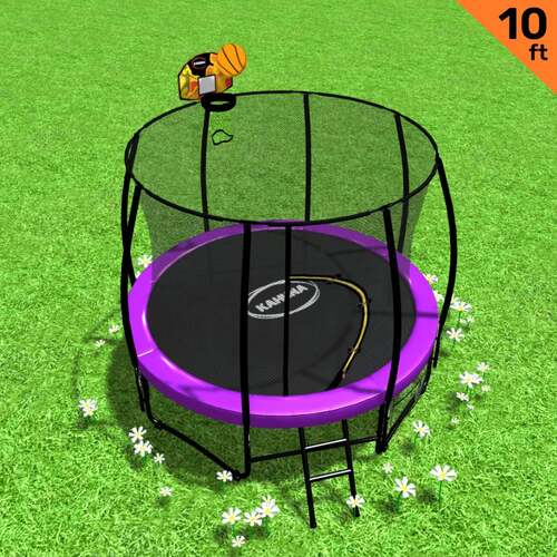 Kahuna 10ft Outdoor Trampoline With Safety Enclosure Pad Ladder Basketball Hoop Set Purple