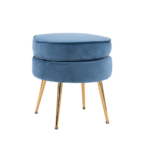 La Bella Navy Blue Round Ottoman Foot Stool Velvet Fabric Metal Leg