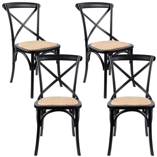 Aster Crossback Dining Chair Set of 4 Solid Birch Timber Wood Ratan Seat - Black