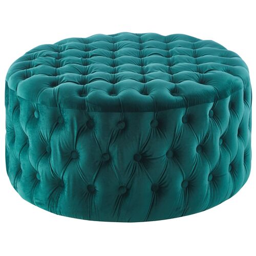 Cosmos Tufted Velvet Fabric Round Ottoman Footstools - Green