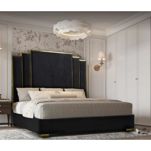 ALPHA KING Black Velvet Gas Lift Storage Bedframe Golden Frame