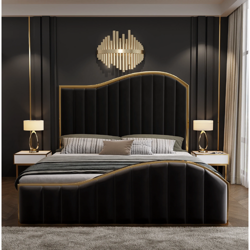 Elegant Luxury King Size Velvet Fabric Storage Bedframe Golden Trim-Black