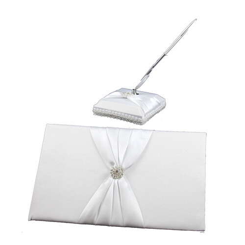 White Wedding Guest Book Register with Silver Pen Matching Stand Set 36 Lined Pages - White Sach Diamante Cover