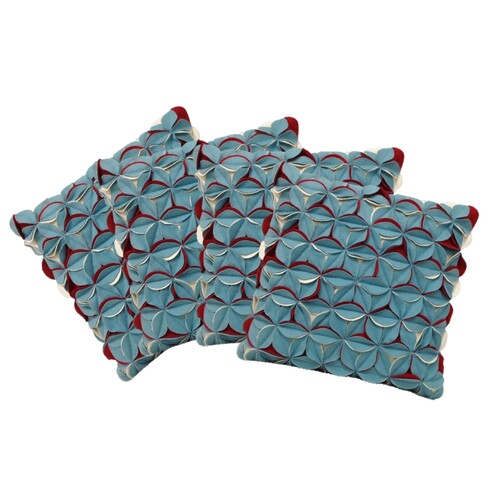 Pack of 4 Covers Amelie Aqua Blue & Red 3D Texture Cushion Covers