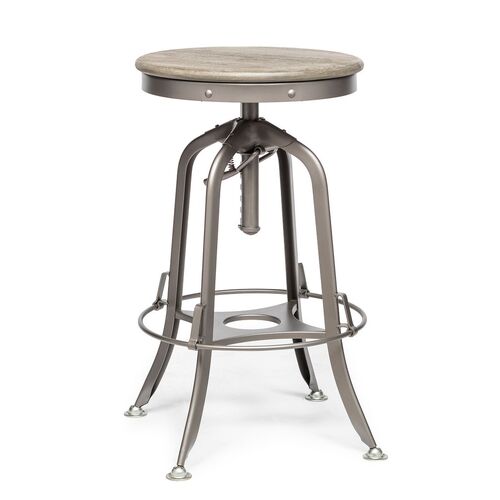 Industrial Height Adjustable Swivel Bar Stool with Oak Wood Top - Grey Finish