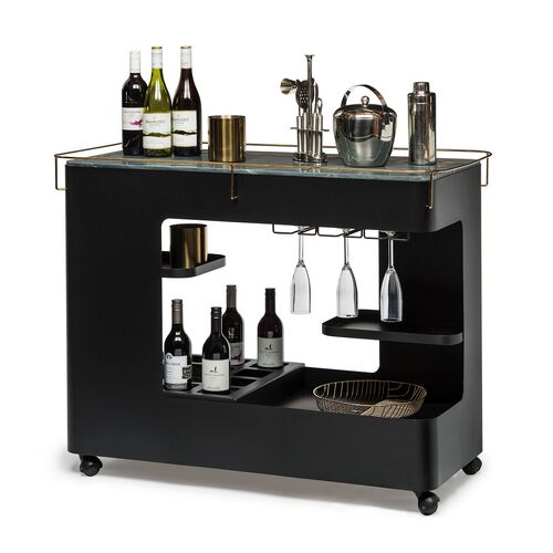 Large Contemporary Black Gold Drinks Trolley Bar Cart with Marble Top and Stemware Rack