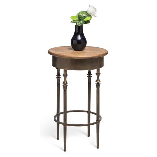 Wooden Round Side Table with Finial Legs in Dark French Brass Finish