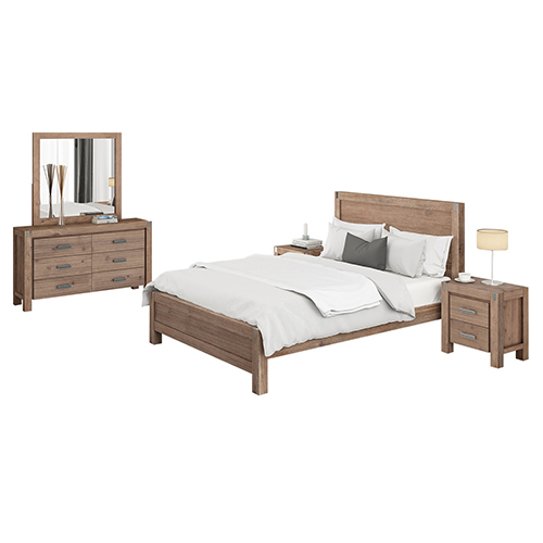 4 Pieces Bedroom Suite in Solid Wood Veneered Acacia Construction Timber Slat Double Size Oak Colour Bed, Bedside Table & Dresser