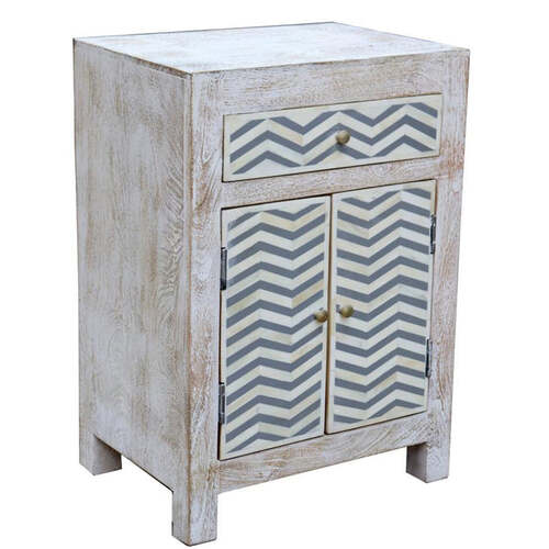 2 drawer whitewashed bedside cabinet with Grey/White bone chevron design