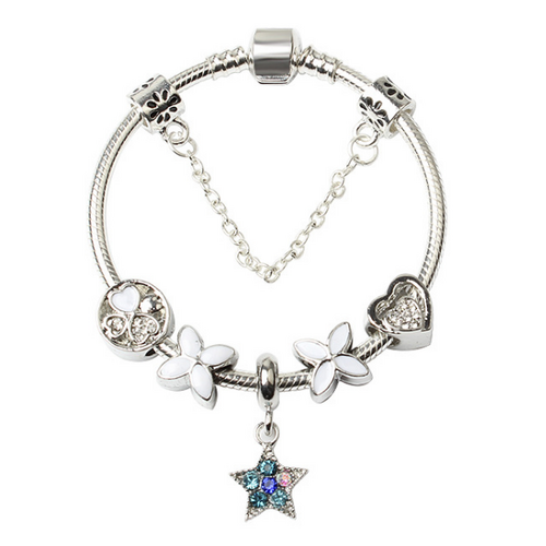 Women Silver Plated Bracelet Snake Chain with Classic Bead Barrel Clasp and Blue Star Pendant(18cm)