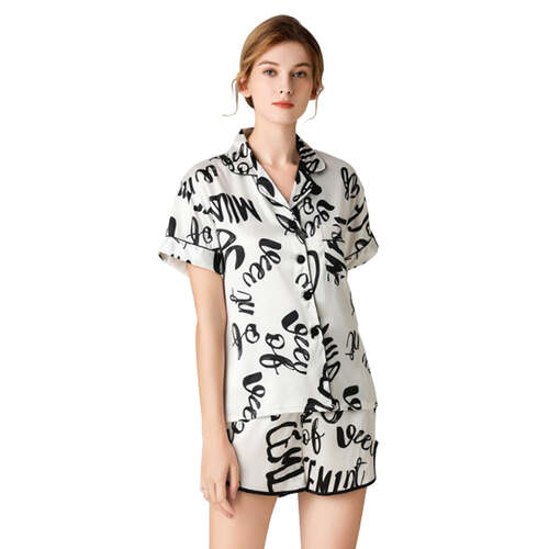 Woman Sleepwear Home Wear Short Sleeve Sweet Girl White Text Casual Pajamas (L Size)