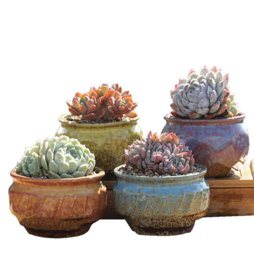 4/5/6 Pots Set Ceramic Clay Pottery Pots Succulent Flower Planter Draining Hole(Style 01# 4 Pots Set)