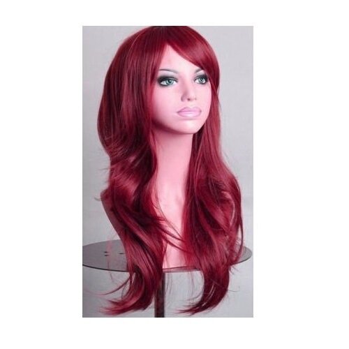 70cm Wavy Curly Sleek Full Hair Lady Wigs w Side Bangs Cosplay Costume Womens, Burgundy