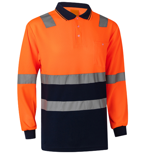 HI VIS Long Sleeve Workwear Shirt w Reflective Tape Cool Dry Safety Polo 2 Tone, Fluoro Orange / Navy, S