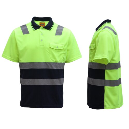 HI VIS Short Sleeve Workwear Shirt w Reflective Tape Cool Dry Safety Polo 2 Tone, Fluoro Yellow / Navy, M