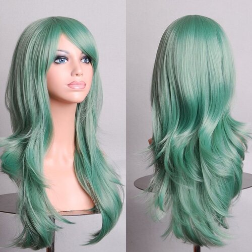 70cm Wavy Curly Sleek Full Hair Lady Wigs w Side Bangs Cosplay Costume Womens, Jade