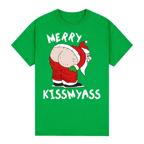 100% Cotton Christmas T-shirt Adult Unisex Tee Tops Funny Santa Party Custume, Merry Kissmyass (Green), 3XL