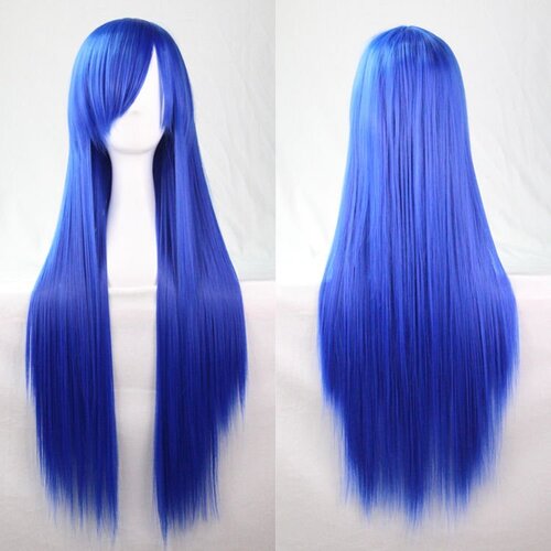 New 80cm Straight Sleek Long Full Hair Wigs w Side Bangs Cosplay Costume Womens, Blue