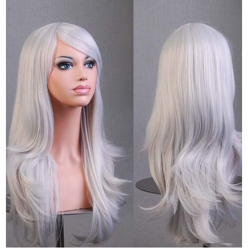 70cm Wavy Curly Sleek Full Hair Lady Wigs w Side Bangs Cosplay Costume Womens, Silver