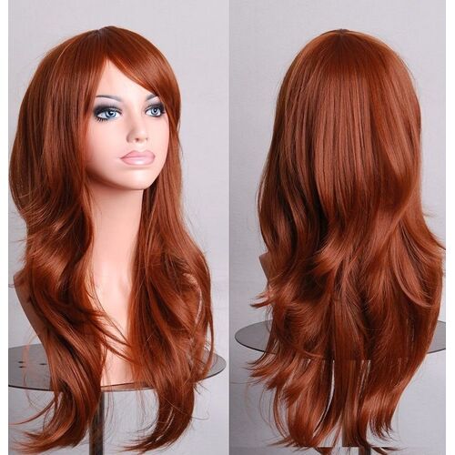 70cm Wavy Curly Sleek Full Hair Lady Wigs w Side Bangs Cosplay Costume Womens, Brown