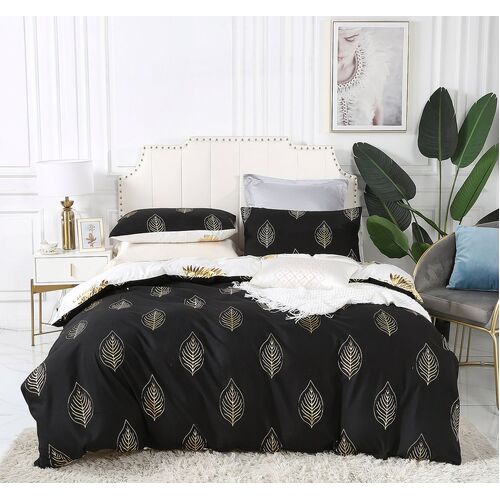 Reversible Design Queen Size Black Gold Duvet Quilt Cover Set