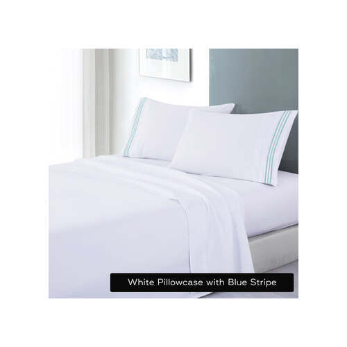 soft microfibre embroidered stripe sheet set king white pillowcase blue stripe