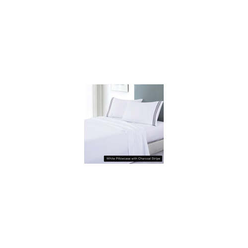 soft microfibre embroidered stripe sheet set king single white pillowcase charcoal stripe