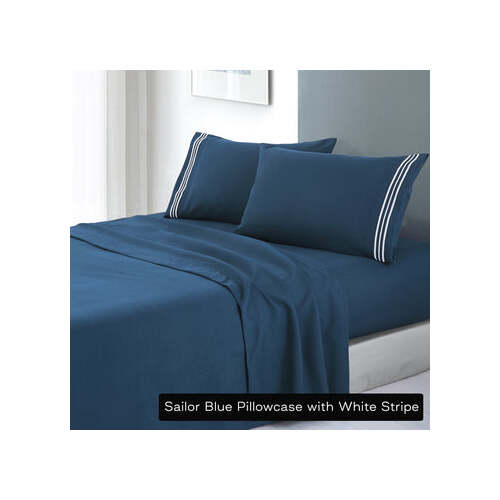 soft microfibre embroidered stripe sheet set queen sailor blue pillowcase white stripe