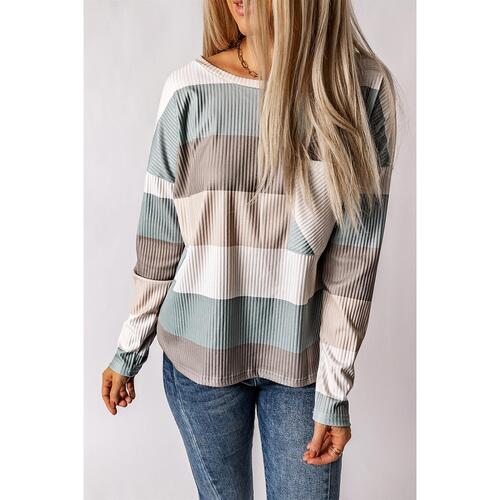 Azura Exchange Ribbed Color Block Long Sleeve Top with Pocket - S