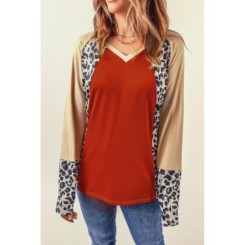 Azura Exchange Leopard V Neck Long Sleeve Top - S