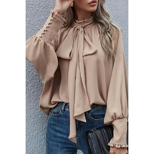 Azura Exchange Khaki Frilled Knotted Blouse with Bishop Sleeves - M