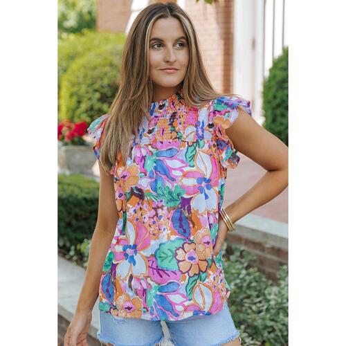 Azura Exchange Flutter Sleeves Smocked Neck Blouse with Floral Print - XL