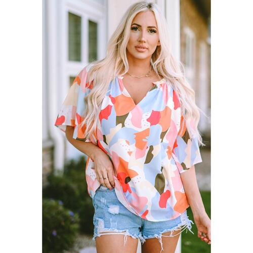 Azura Exchange Floral Print V Neck Half Sleeve Blouse - M