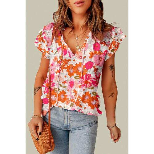 Azura Exchange Floral Ruffle Sleeve Blouse with Split V-Neck - XL