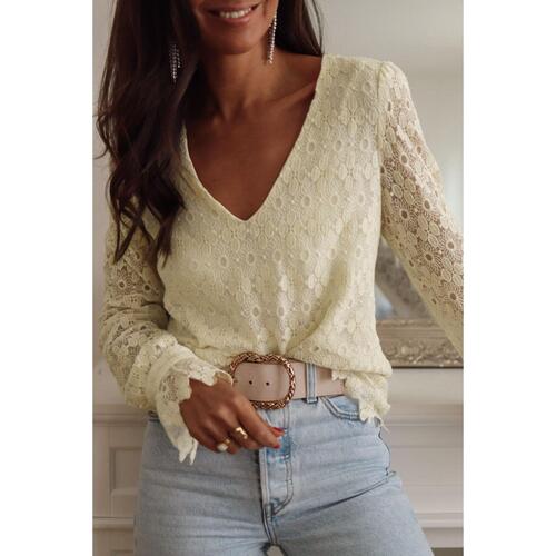 Azura Exchange Floret Lace V Neck Long Sleeve Blouse - L