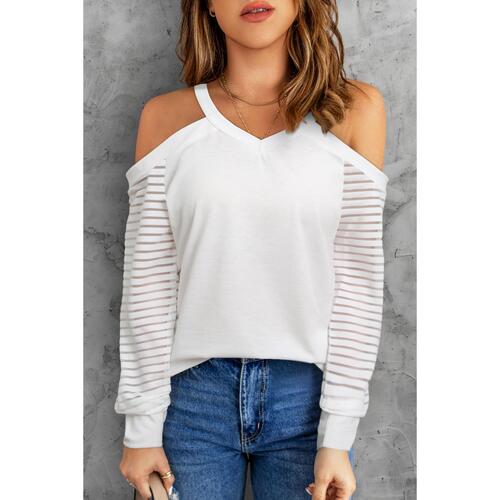 Azura Exchange Cut-out Cold Shoulder Mesh Striped Long Sleeve T-shirt - M