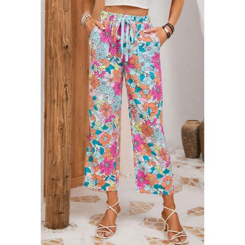 Azura Exchange Flower Print Pocketed Drawstring Waist Wide Leg Pants - S