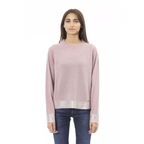 Ribbed Crew Neck Sweater with Long Sleeves and Metal Monogram Detail M Women