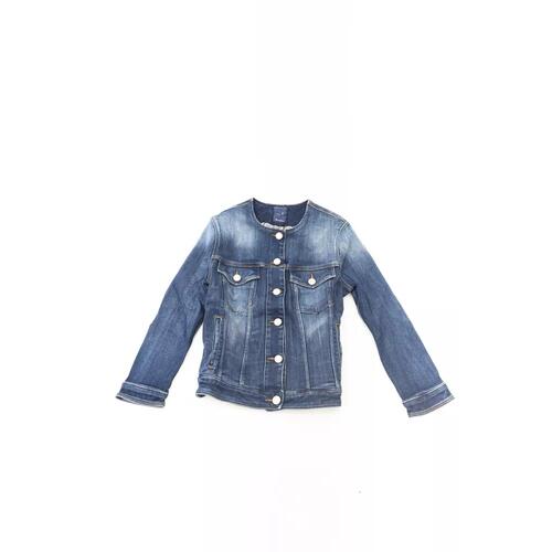 Round Neckline Denim Jacket with Metal Buttons and Contrast Stitching L Women