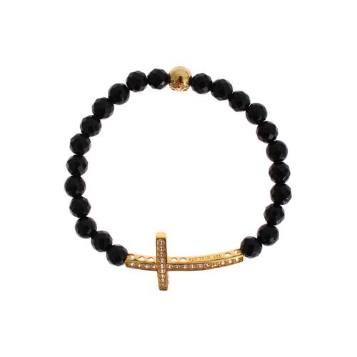 NIALAYA Gold Plated Sterling Silver Bracelet with Agate Stone and CZ Diamond Cross M Women